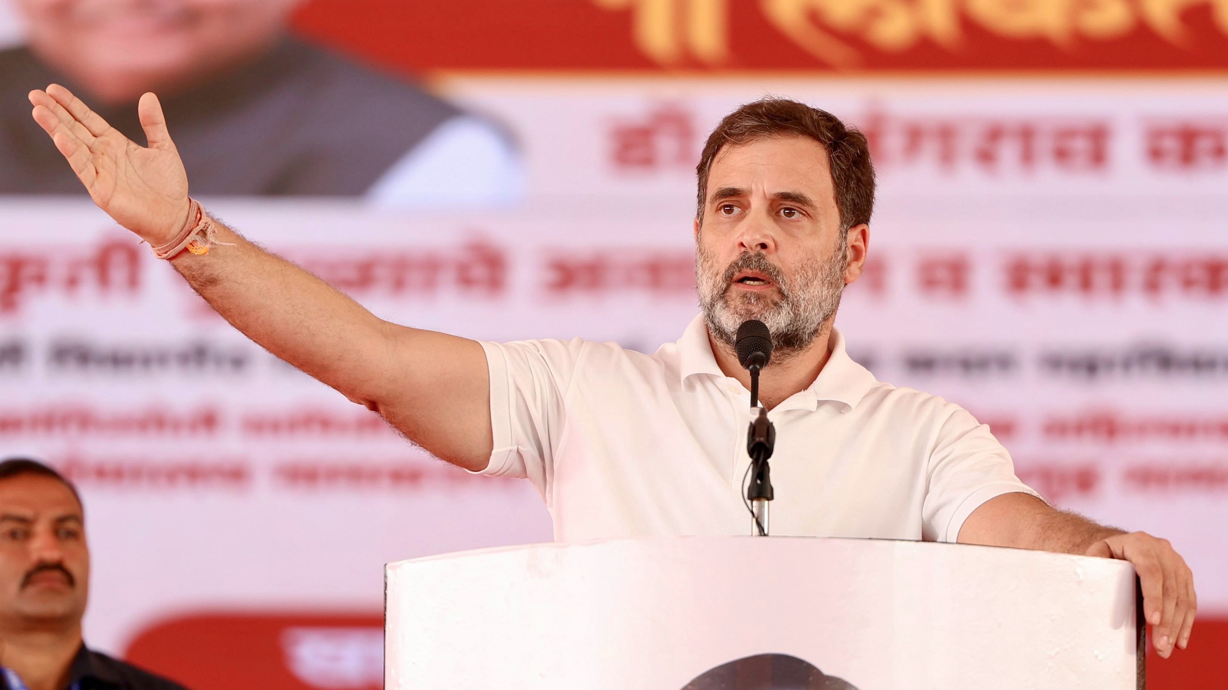 <div class="paragraphs"><p>LoP Lok Sabha Rahul Gandhi addresses a public meeting, in Sangli district, Thursday.</p></div>